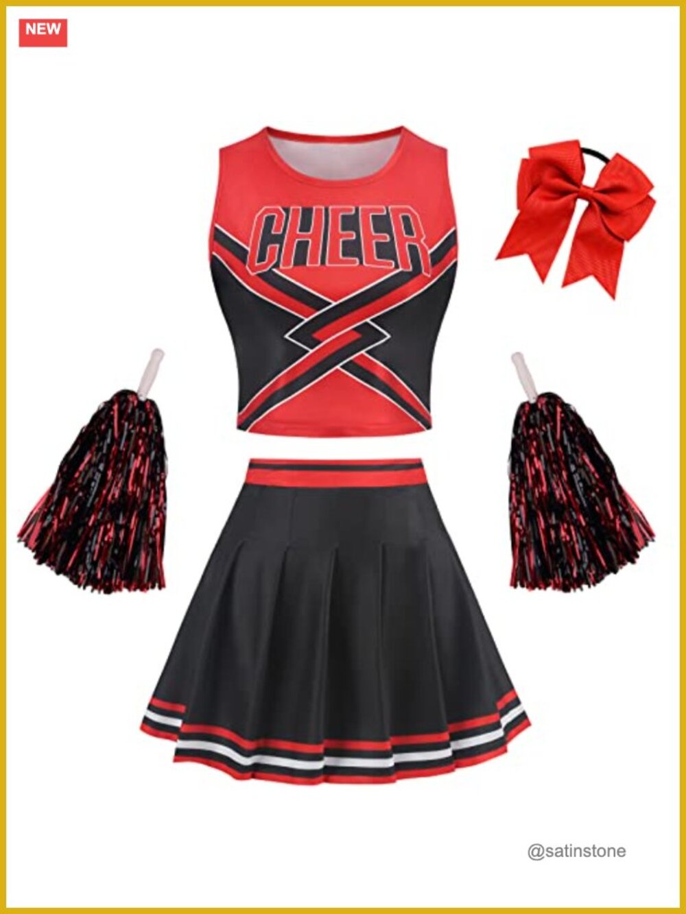 Cheerleader Costume 4-Piece Crop Top Skirt Pom Poms Halloween Cosplay